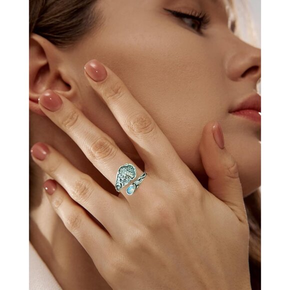 S925-Sterling-Silver Abalone Dragonfly-Turquoise Spoon Ring - Vintage Boho Sunfl - Picture 3 of 6